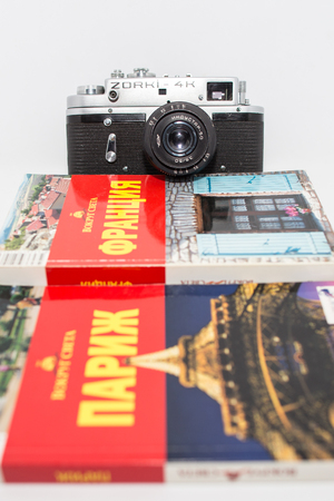 Retro photo camera and guidebooksのeditorial素材