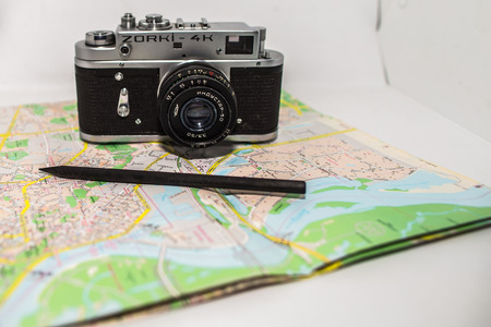 Retro photo camera and guidebooksのeditorial素材