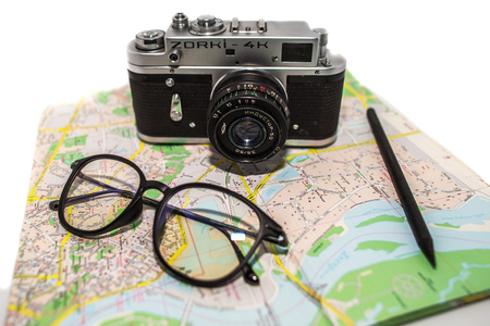 Retro photo camera and guidebooksのeditorial素材
