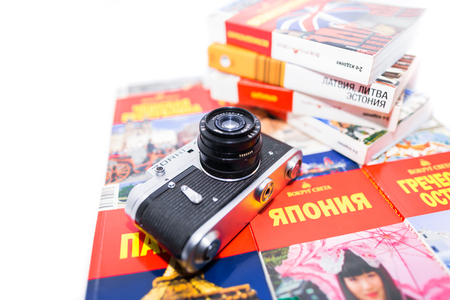 Retro photo camera and guidebooksのeditorial素材