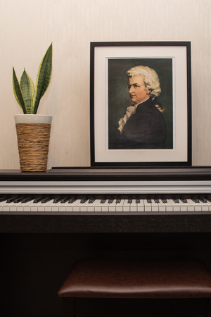 2018.11.28, Moscow, Russia. Mozart portrait on the piano. A composition of the composer portrait and the flower on the piano keyboard.のeditorial素材