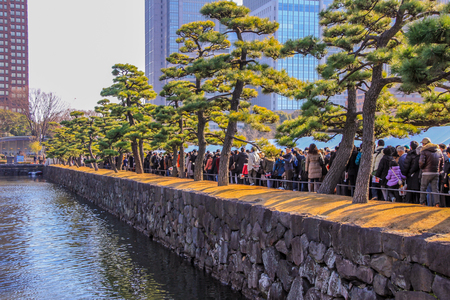 2013.01.02, Tokyo, Japan. skyscrapers and the avenue of the pines in Tokyo. Long crowd line from Emperor palace.のeditorial素材