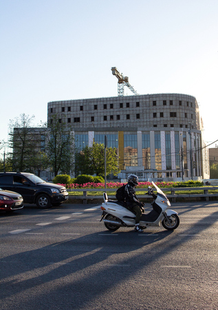 2018.05.09, Moscow, Russia. construction of a modern theater of Chekhov. Building of architecture in the city.のeditorial素材