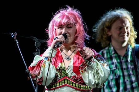 Singers at the free concert on the Moscow street, NO TICKETS. Performance of famous Russian women group Pep-See.のeditorial素材