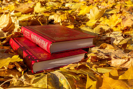 10/15/2018, Moscow, Russia. two books with red cover and gold stamping on autumn leaves in the park....