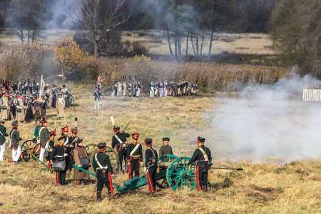 10.21.2012, Maloyaroslavets, Russia. production reconstruction of the battle of 1812 between the French and Russian armies by enthusiast forces.のeditorial素材