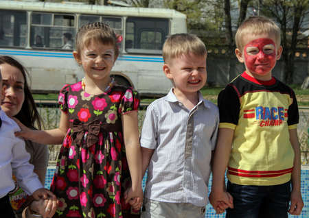 04/29/2012, Maloyaroslavets, Russia. Group portrait of little boys and girls on Birthday party.のeditorial素材