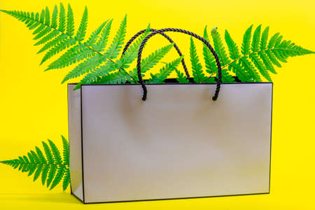 White paper bag and fern leaves on yellow background. Concept of shopping.の写真素材