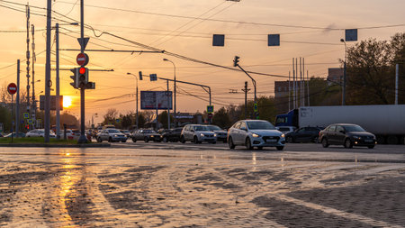 13.10.2020, Moscow, Russia. Cityscape of Moscow, the road after raining. Walking at falling season.