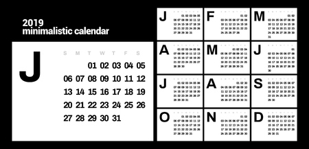 Minimalistic calendar for 2019 year. Horizontal vector design template. Week Starts Sunday. One color.のイラスト素材