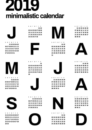 Minimalistic calendar for 2019 year. Vertical vector design template. Week Starts Sunday. One color.のイラスト素材