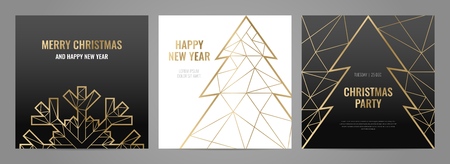 Luxury christmas party Invitation template with gold frame and black background. Geometric shape.のイラスト素材