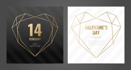 Luxury Valentines Day poster template with gold frame and black background. Invitation template. Geometric shape.のイラスト素材