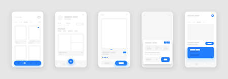 UI Kit elements for mobile app concept. Use for social media, online store, hotel reservation. Wireframes screens. Flowchart.のイラスト素材