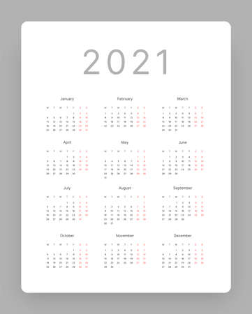Calendar for 2021 year in clean minimal style. Week Starts on Monday.のイラスト素材