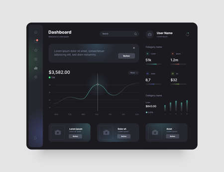 Dashboard design in dark colors. App interface with UI and UX elements. Use design for web application, desktop or mobile app.のイラスト素材
