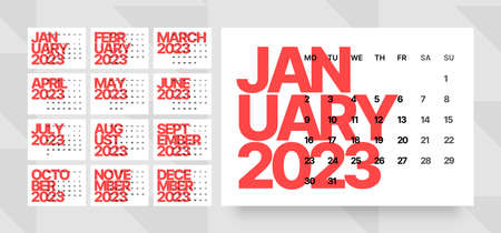 Monthly calendar template for 2023 year. Week Starts on Monday. Desk calendar in a minimalist style.のイラスト素材