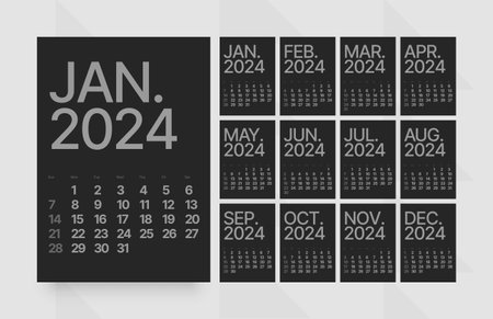 Monthly calendar template for 2024 year. Vertical calendar grid in black and dark color. Week Starts on Sunday.のイラスト素材