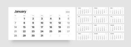 Quarter calendar template for 2024 year. Wall calendar grid in a minimalist style. Week Starts on Sunday.のイラスト素材