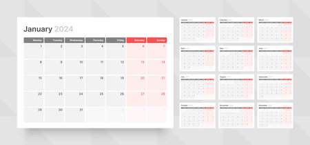 Monthly calendar template for 2024 year. Wall calendar grid in a minimalist style. Week Starts on Monday. Planner for 2024 year.のイラスト素材