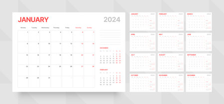 Monthly calendar template for 2024 year. Wall calendar grid in a minimalist style. Week Starts on Monday. Planner for 2024 year.のイラスト素材