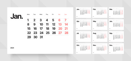 Monthly calendar template for 2024 year. Wall calendar grid in a minimalist style. Week Starts on Monday.のイラスト素材