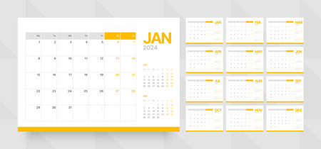 Monthly calendar template for 2024 year. Wall calendar grid in a minimalist style. Week Starts on Monday. Planner for 2024 year.のイラスト素材