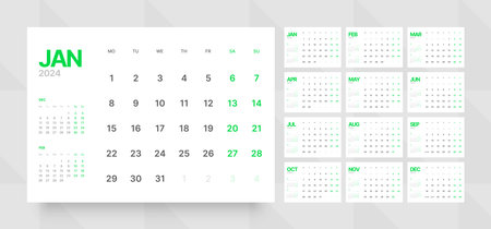 Monthly calendar template for 2024 year. Wall calendar grid in a minimalist style. Week Starts on Monday. Planner for 2024 year.のイラスト素材