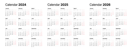 Annual calendar template for 2024, 2025, 2026 years. Week Starts on Monday. Business calendar in a minimalist style.のイラスト素材
