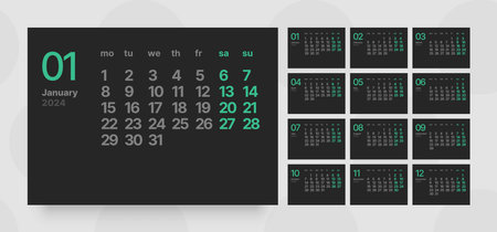 Monthly calendar template for 2024 year. Horizontal calendar grid in black and dark color. Week Starts on Monday.のイラスト素材