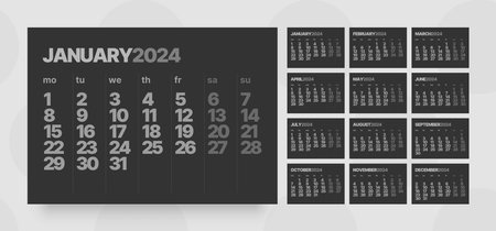 Monthly calendar template for 2024 year. Horizontal calendar grid in black and dark color. Week Starts on Monday.のイラスト素材
