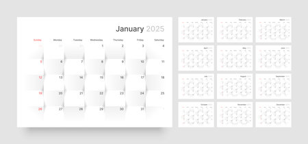 Monthly calendar template for 2025 year. Wall calendar in a minimalist style. Week Starts on Sunday.のイラスト素材