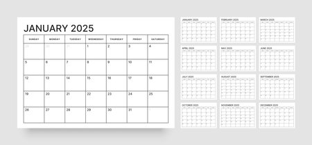 Monthly calendar template for 2025 year. Wall calendar in a minimalist style. Week Starts on Sunday.のイラスト素材