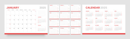 Monthly calendar template for 2025 year. Wall calendar in a minimalist style. Week Starts on Sunday.のイラスト素材
