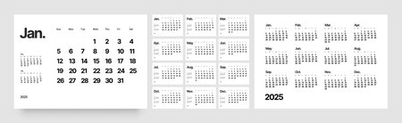 Monthly calendar template for 2025 year. Wall calendar in a minimalist style. Week Starts on Sunday.のイラスト素材