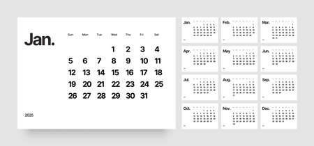 Monthly calendar template for 2025 year. Wall calendar in a minimalist style. Week Starts on Sunday.のイラスト素材
