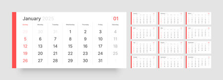 Monthly calendar template for 2025 year. Quarterly calendar in a minimalist style. Week Starts on Sunday.のイラスト素材
