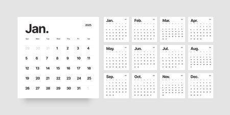 Monthly calendar template for 2025 year. Wall calendar in a minimalist style. Week Starts on Sunday.のイラスト素材