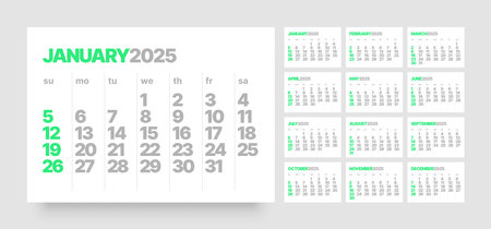 Monthly calendar template for 2025 year. Wall calendar in a minimalist style. Week Starts on Sunday.のイラスト素材