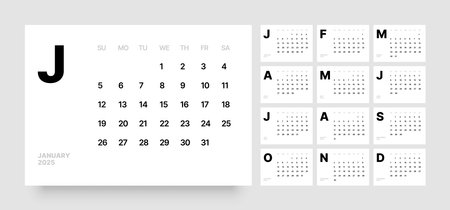 Monthly calendar template for 2025 year. Wall calendar in a minimalist style. Week Starts on Sunday.のイラスト素材