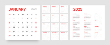 Monthly calendar template for 2025 year. Desk calendar in a minimalist style. Week Starts on Sunday.のイラスト素材
