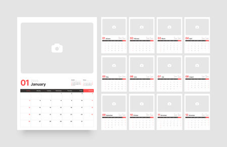 Monthly calendar template for 2025 year. Wall or desk calendar in a minimalist style. With a place for photos. Diary planner for 2025 year. Week Starts on Sunday.のイラスト素材