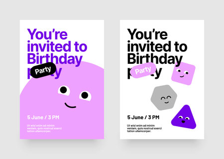 Birthday invitation layout template. Design with colorful cartoon characters for flyer, poster, cover, brochure or banner.のイラスト素材