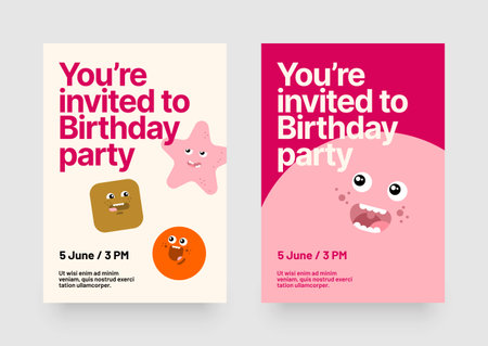 Birthday invitation layout template. Design with colorful cartoon characters for flyer, poster, cover, brochure or banner.のイラスト素材