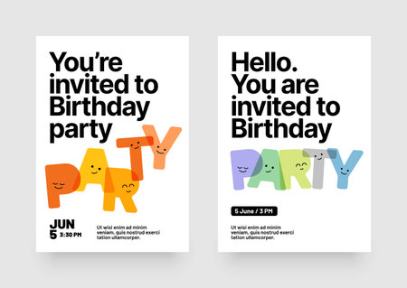 Birthday party invitation layout template. Design with colorful cartoon characters and eye catching typography for your flyer, poster, cover, brochure or banner.のイラスト素材