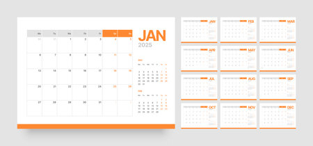 Monthly calendar template for 2025 year. Diary planner in a minimalist style. Week Starts on Monday.のイラスト素材