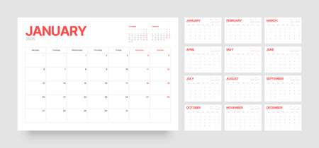 Monthly calendar template for 2025 year. Diary planner in a minimalist style. Week Starts on Monday.のイラスト素材