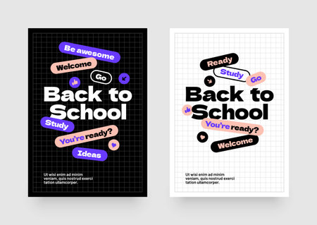 Back to school layout template. Design with colorful geometric shapes and eye catching typography for your flyer, poster, cover, brochure or banner.のイラスト素材