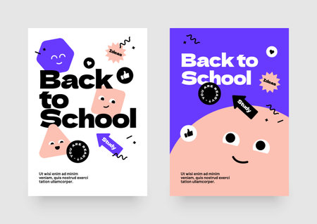 Back to school layout template. Design with colorful cartoon characters for your flyer, poster, cover, brochure or banner.のイラスト素材