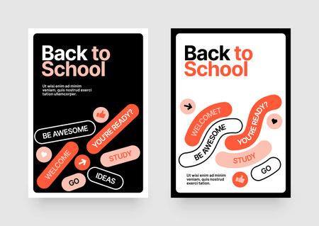 Back to school layout template. Design with geometric shapes and y2k patches, labels, tags, stickers for your flyer, poster, cover, brochure or banner. Trendy promo labels.のイラスト素材